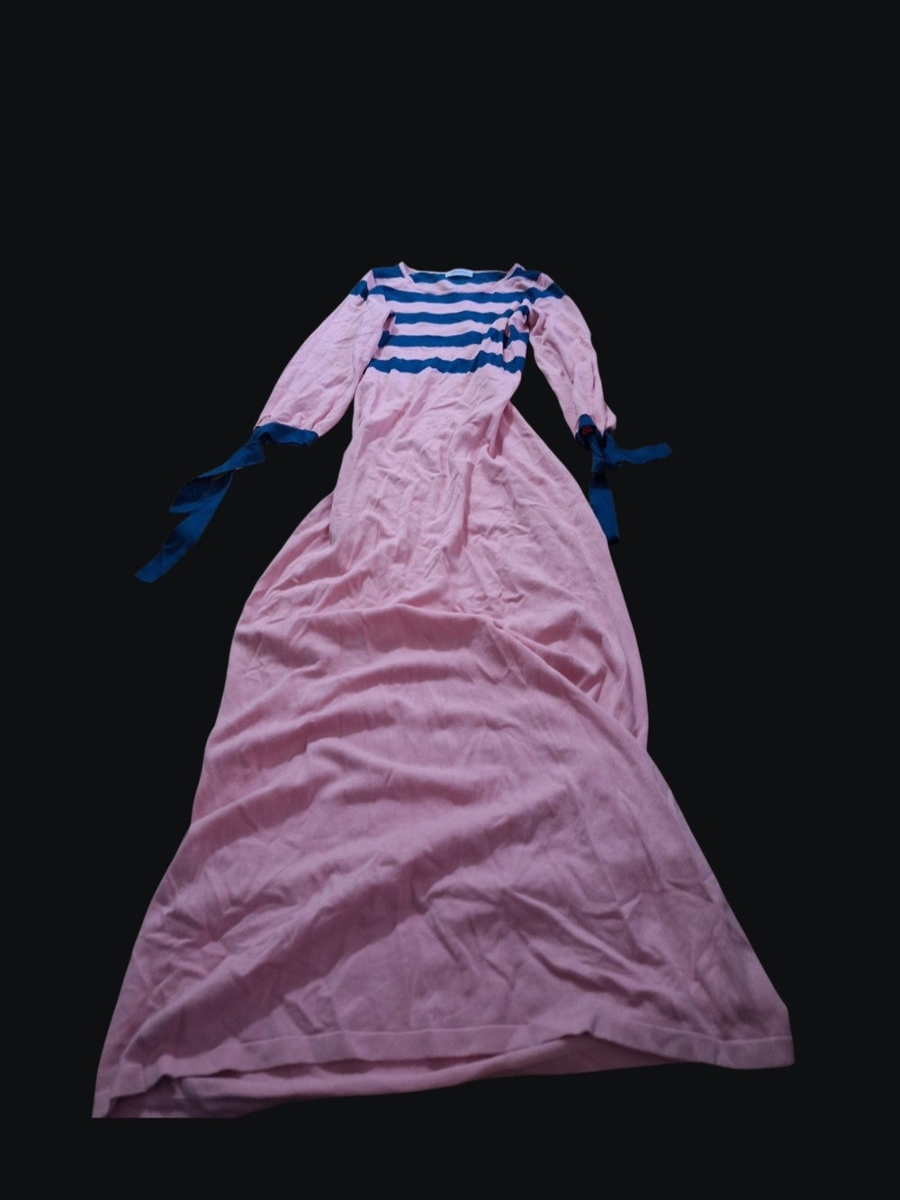 Women Pink Maxi Dress with Navy Stripes and Tie Sleeves